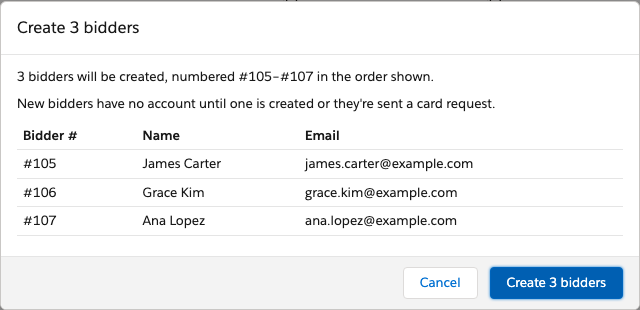The Create Bidders confirmation, listing three bidders with their numbers, names and emails