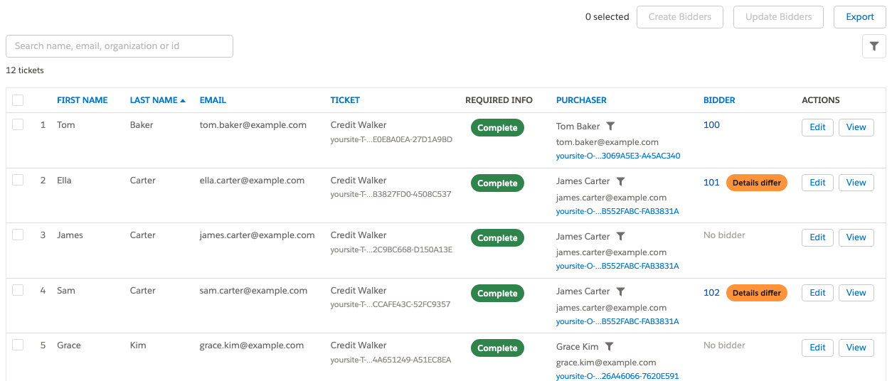 The Tickets tab of an event linked to an auction, with Create Bidders and Update Bidders above the list and a Bidder column