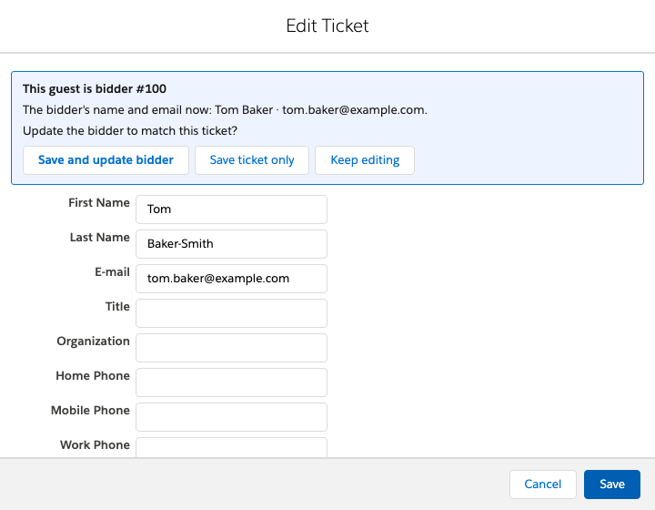 The Edit Ticket window asking whether to update bidder #100 to match the ticket